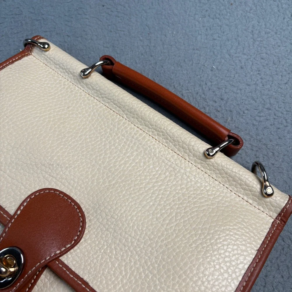 Vintage Pebbled Leather Satchel Handbag Cream Brown Turn Lock Top Handle Bag